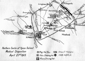Northern Sector of Ypres Salient Medical Disposition April 21 1915: Representation of the geographic allocation of medical aid stations behind a C.E.F. front line.