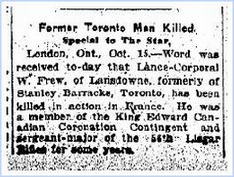 Newspaper Clipping from Toronto Star 15 October 1915