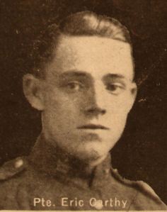 Eric Carthy aged 19: KIA December 26, 1915. Son of Joseph and Harriet Carthy, of 7, Nelson Avenue, Kitchener, Ontario.