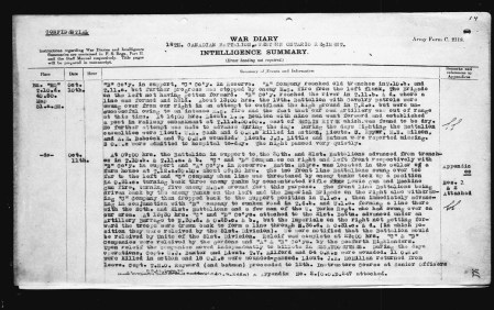 18th Battalion War Diary Entry detailing Lt. W.A. Cash K.I.A.