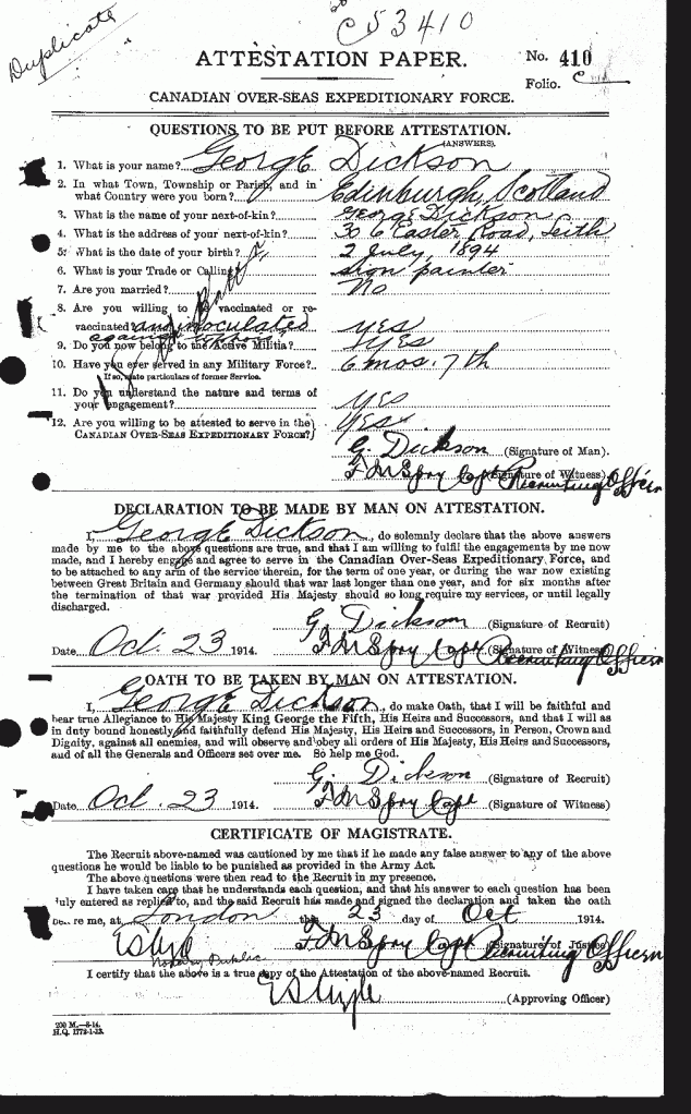 Dickson, George: Service no. 53410 attestation page 1