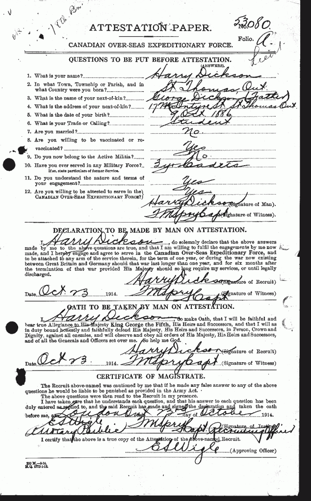 Dickson, Harry attestation papers 1