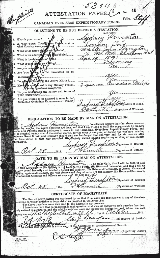 Hampton, Sydney: Service no. 53040 attestation paper