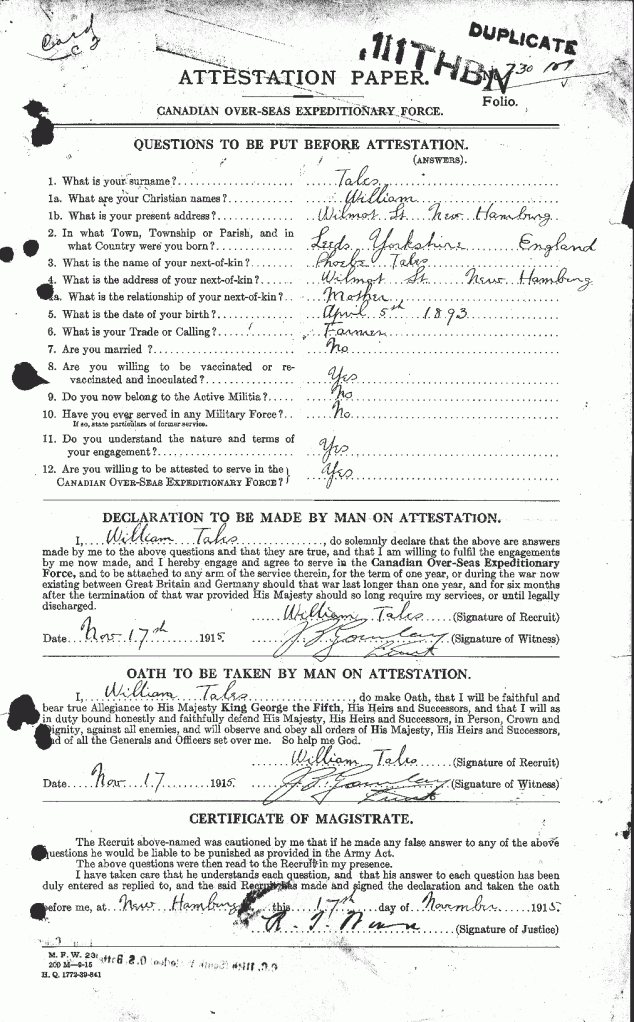 Tales, William: Service no. 730101 attestion page 1