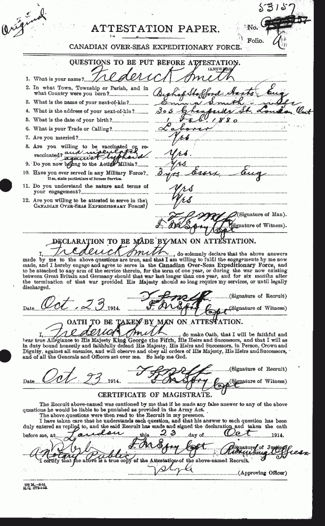 F Smith Father Attestation Page 1 1914