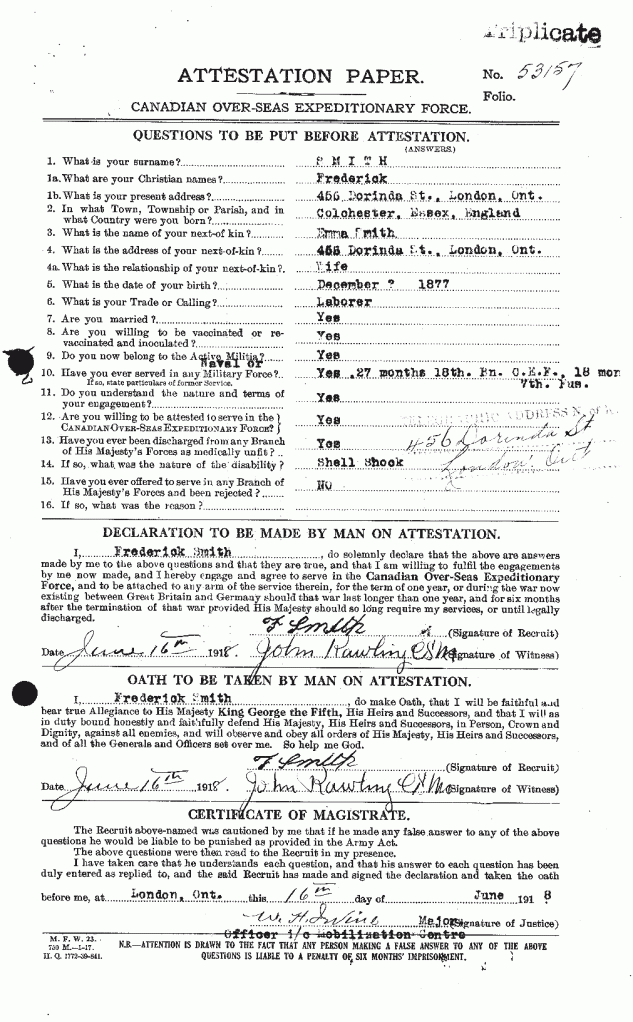 F Smith Father Attestation Page 1 1918
