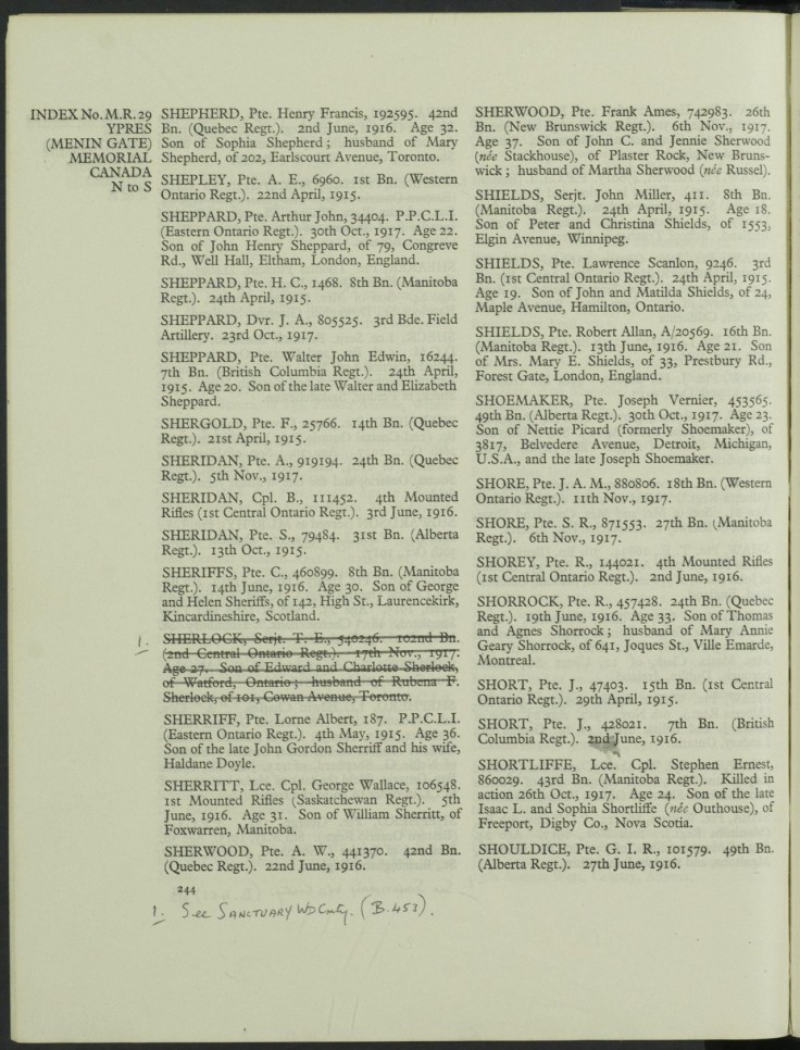 Grave Registration Document for John Arthur Murton Shore