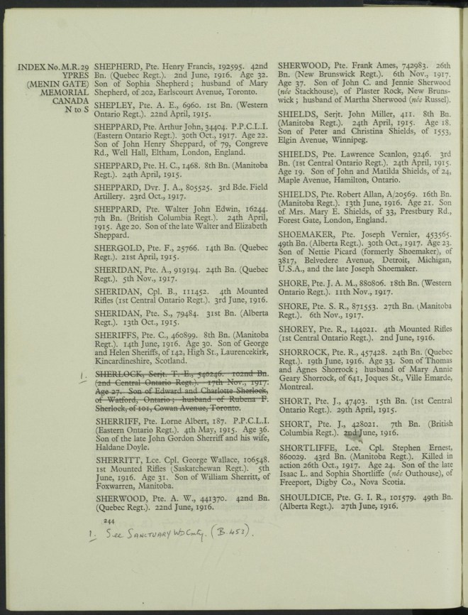 Grave Registration Document for John Arthur Murton Shore