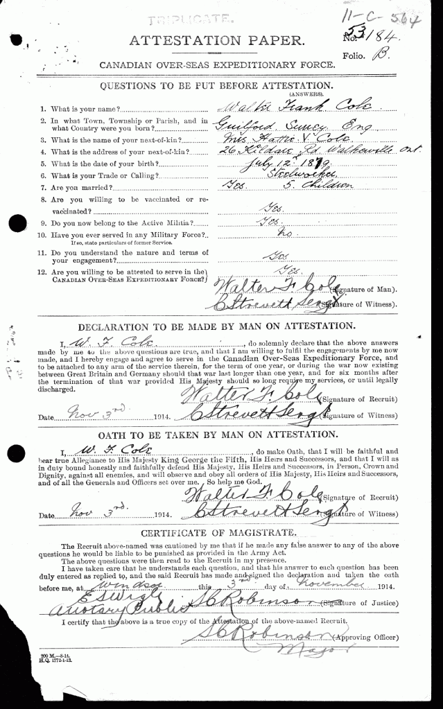 Cole, Walter Frank Attestation Paper Page 1