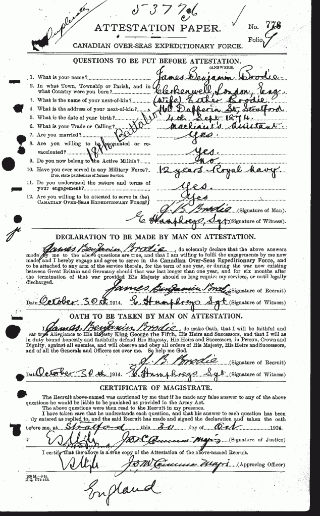 Brodie, James Benjamin 53776 Attestation Papers Page 1