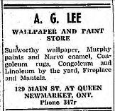 Advertisement from the Newmarket Era and Express. January 8th, 1948 for the A.G. Lee Wallpaper and Paint Store
