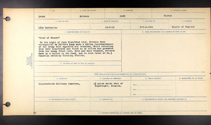 Victor Dawe Circumstances of Casualty Card