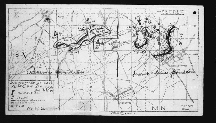 Disposition of Companies 18th Canadian Battalion 23rd to 30th of May 1918