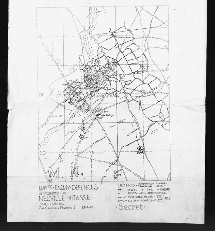 Map of Enemy Defenses in the Vicinity of Neuville Vitasse 2nd Canadian Division On April 27th, 1918.