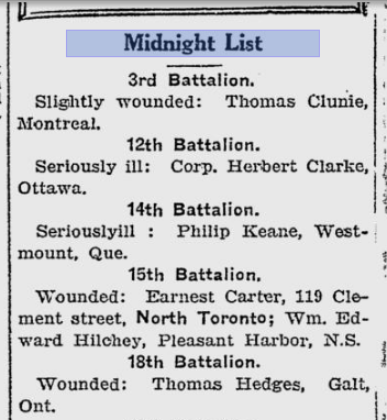 The Midnight List from The Toronto World March 20 1916 Thomas Hedges of the 18th Wounded.