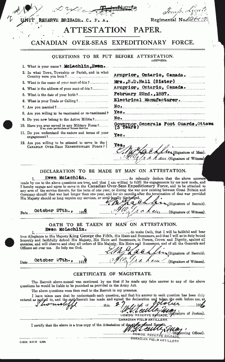 Early style attestation paper. Note the regimental number has been struck out. Many samples simply have no number or notation of rank.