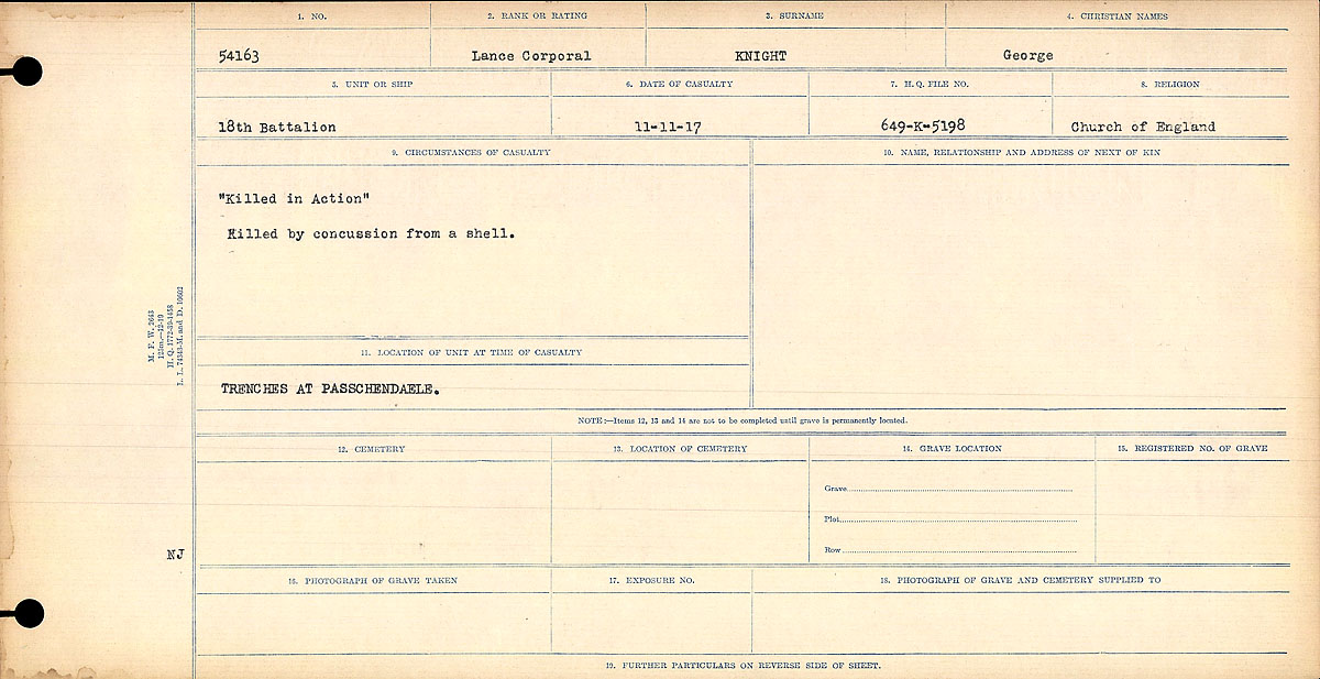 54163 Lance Corporal George Knight C of D Card