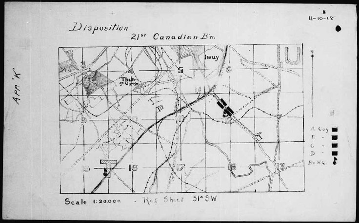 20th Battalion Disposition on 11/11/18. Reference the German map below. The Canadian were attaching South-West.