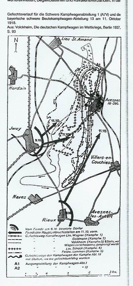 Map outlining the German attack on Iwuy, France