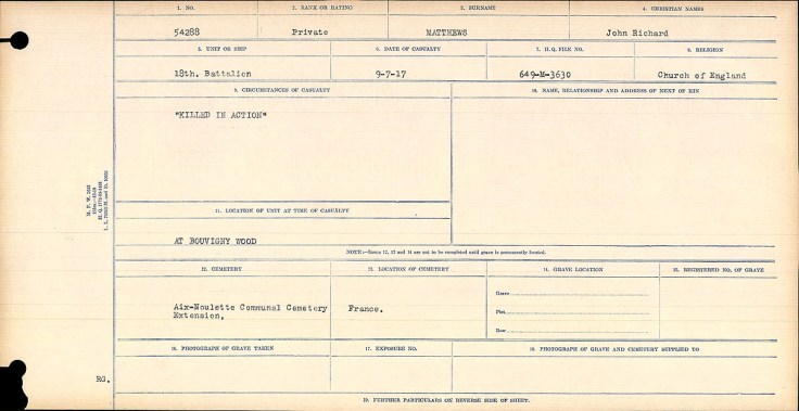 Circumstances of Death card for Private Jack R. Matthews, 54288.