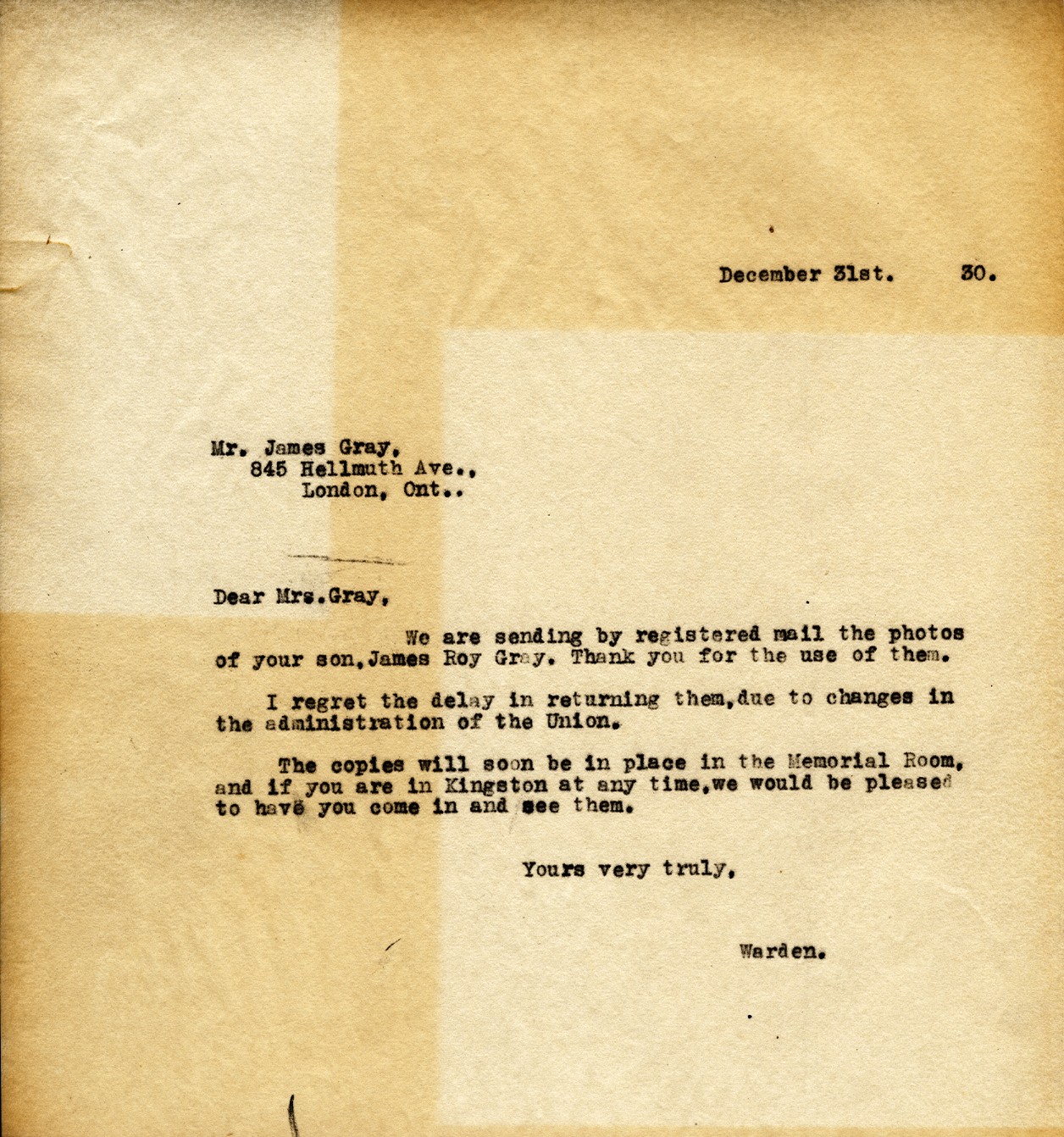 Correspondence, Queen's To James Gray (father), 31 Dec 1930