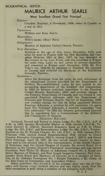 BIO Maurice Aurthr Searle from the Grand Chapter of Royal Arch Masons of Canada 95th Annual Convocation