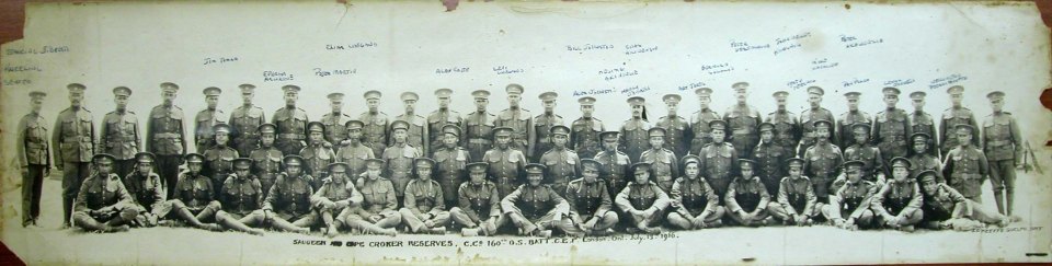 Soldiers of the 160th Battalion from the Saugeen and Cape Croker Reserves. Are the Elliott brothers in this picture standing together?