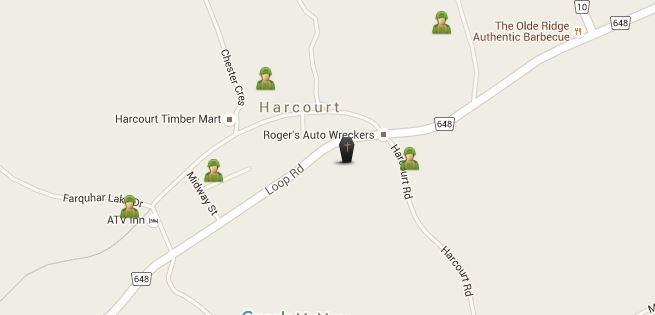 Close up of Harcourt, Ontario map showing locations of WW1 soldiers.