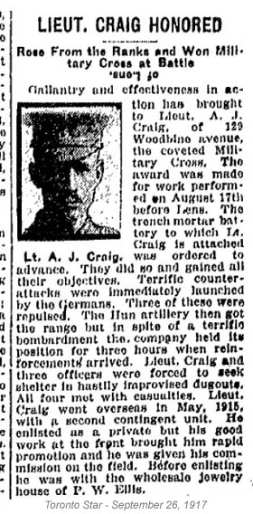 This is probably Lt Arthur James Robson Craig of Toronto. Enl 19 BN in Toronto Nov 19/14. Father in Birmingham England. Die cutter.