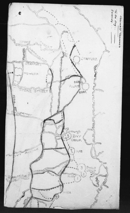 This map is from the 19th Battalion Appendix for March 1917. It show in good detail the orientation of the Zivy and Phillip Craters and indicates that that they were used as observation or listening posts.