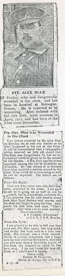 Undated news article from the Paisley Advocate. Estimating date to be mid-July, 1916.
