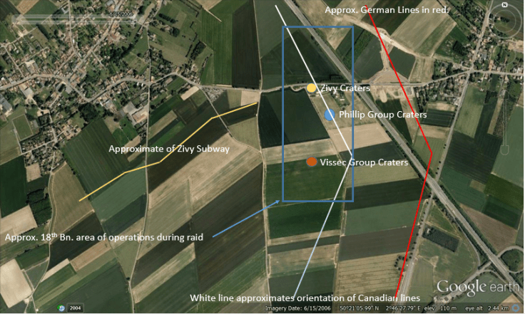 Overview of Zivy Tunnel and Crater reference 45 April 1917 with position approximations