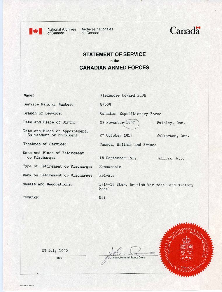A2009.210.003 - Certificate - Statement of Service - Alexander Edward Blue, Jul 23, 1990