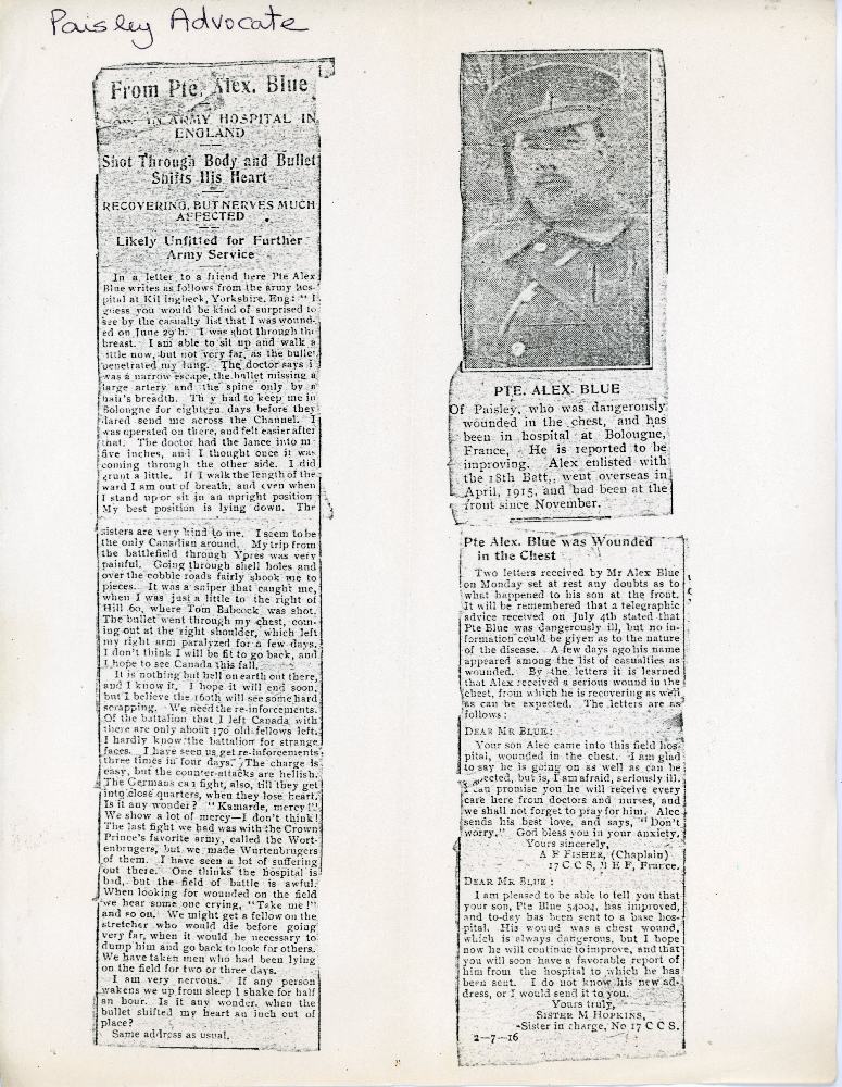 A2009.210.005 - Newspaper Clipping - Alexander Blue's injuries including a letter written by Blue plus the story - Copy (2)