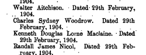 Screen capture of the London Gazette dated April 8, 1904 showing the appointment of this soldier to the rank of 2nd Lieutenant. At this time Lt. Woodrow was attached to the Scottish Horse.