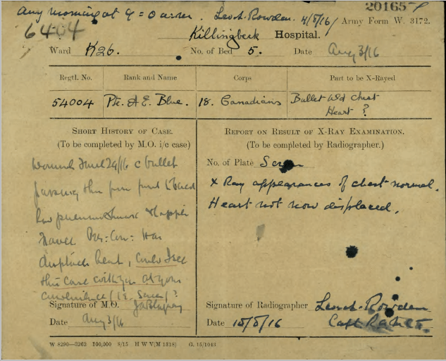 Radiographic report indicating that Private Blue's heart is not displaced.