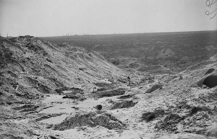 A view of the devastation at the crater on the bluff looking towards St. Eloi. Canada. Dept. of National Defence, Library and Archives Canada