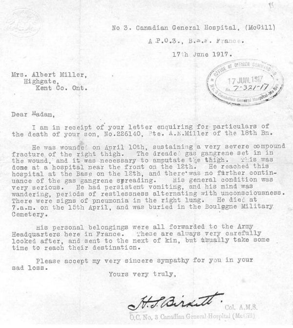 Letter from Col. H.S. Birkett. Source: CVWM