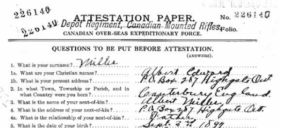 Screen capture of Private Miller's attestation paper showing his date of birth as September 3, 1897, 2 years before he was actually born.