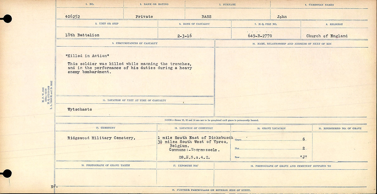 "Killed in Action" This soldier was killed while manning the trenches, and in the performance of his duties during a heavy enemy bombardment.