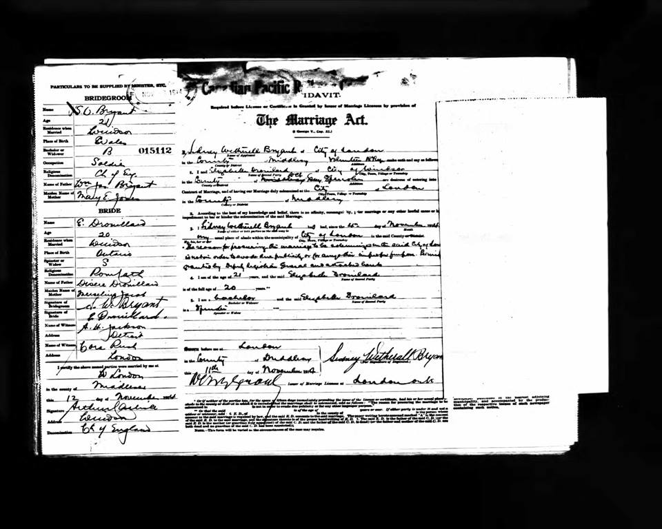 Marriage Certificate/Affidavit. Private Bryant and Mrs Bryant. Courtesy of of Dawn Heuston.