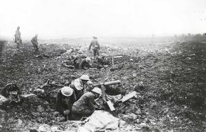 Squads of Canadian machine gunners operate from shell-craters in support of the infantry on the plateau above Vimy Ridge. Canada. Dept. of National Defence, Library and Archives Canada