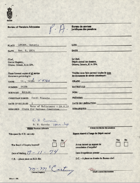 Bureau of Pensions Advocated document. Cyril Hallam would have been 83 when this document was created, if he was still alive.