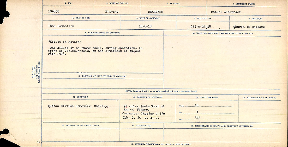 "Killed in Action" Was killed by an enemy shell, during operations in front of Vis-en-Artois, on the afternoon of August 28, 1918.