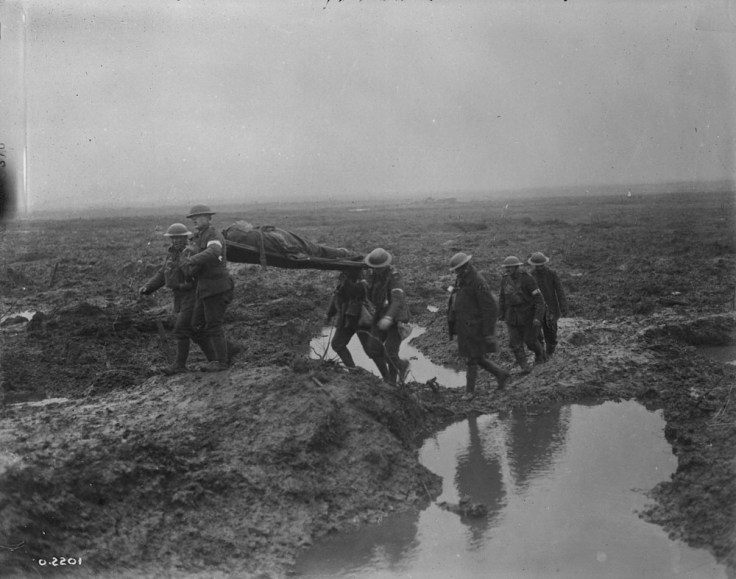 Wounded Canadians on way to aid-post during the Battle of Passchendaele.