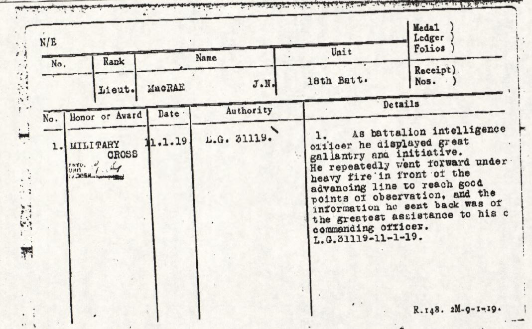 Military Cross Citation for JN MacRae