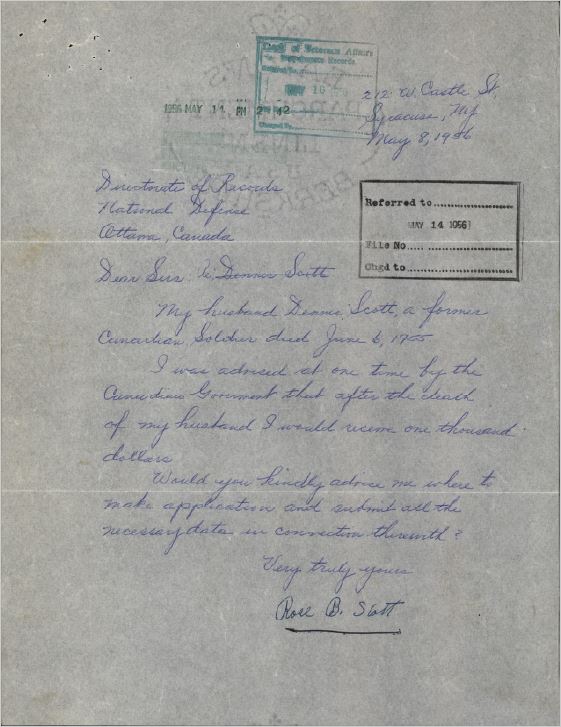 Initial Inquiry Letter from Rose B Scott re Denis Scott