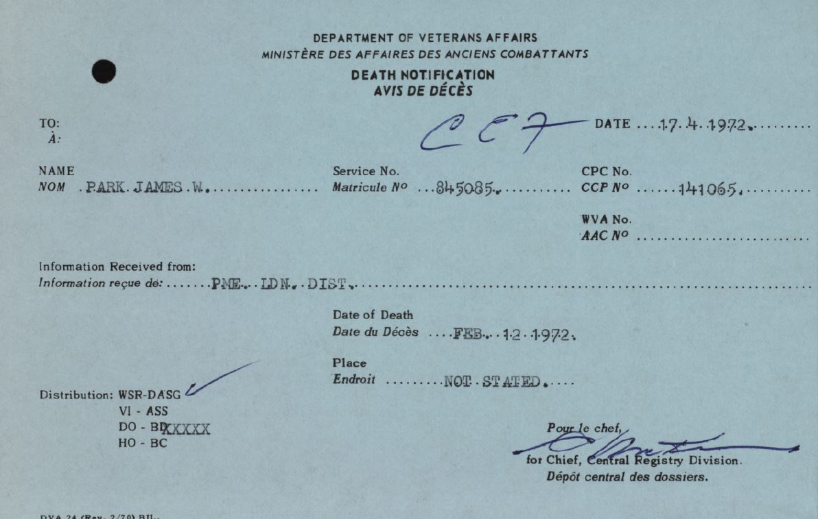 Veterans Affairs Death Notification James Wheeler Park 845085