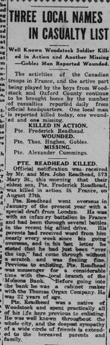 Private F Readhead Daily Sentinel Review September 25 1918 Page 1
