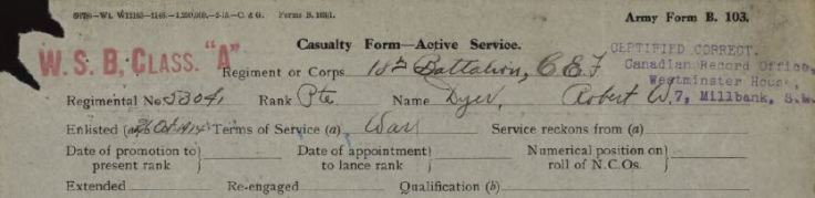 War Service Badge Class A Stamp in Dyers Service Record